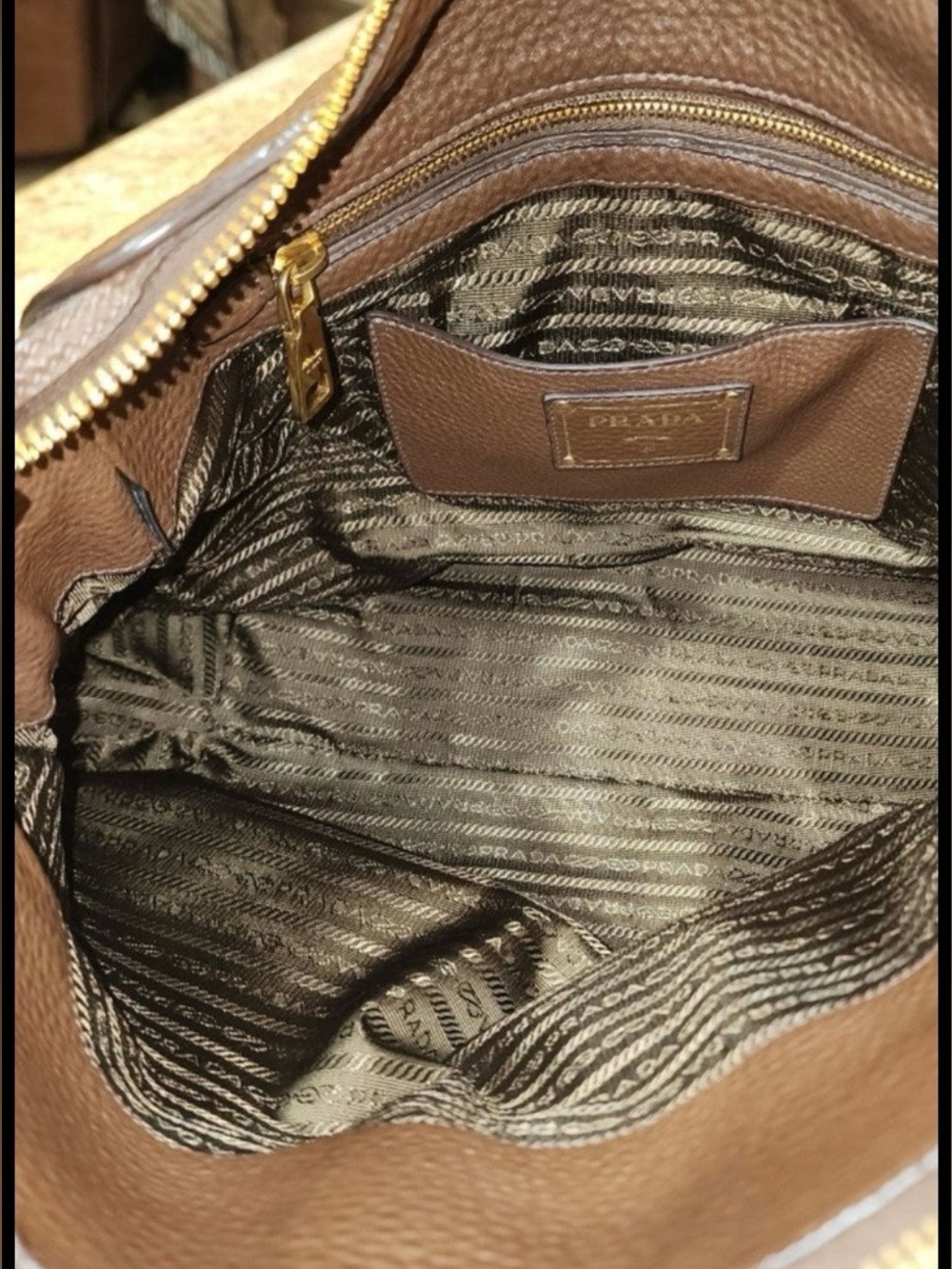 Large Prada Vitello Daino Brown Pebbled Leather Shoulder Bag Gold Hardware - Picture 10 of 12